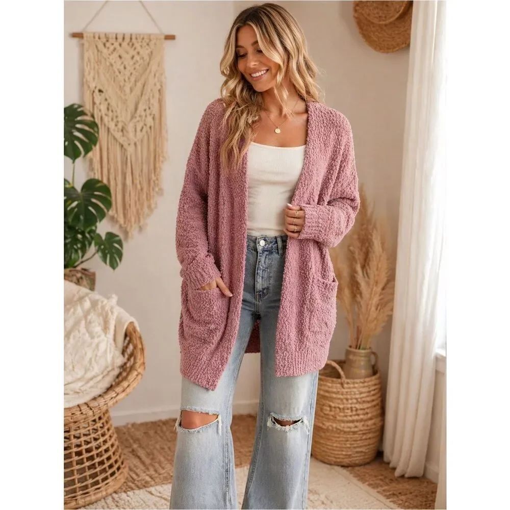 ANDREE BY UNIT Plush Open-Front Cardigan in Dusty Rose